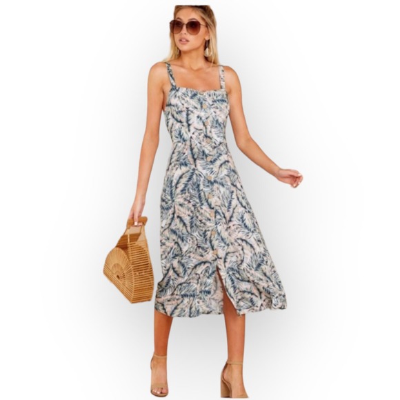 Lovestitch Women's Palm Leaf T-Back Button Front Cutout Back Midi Dress Size M - Picture 1 of 12